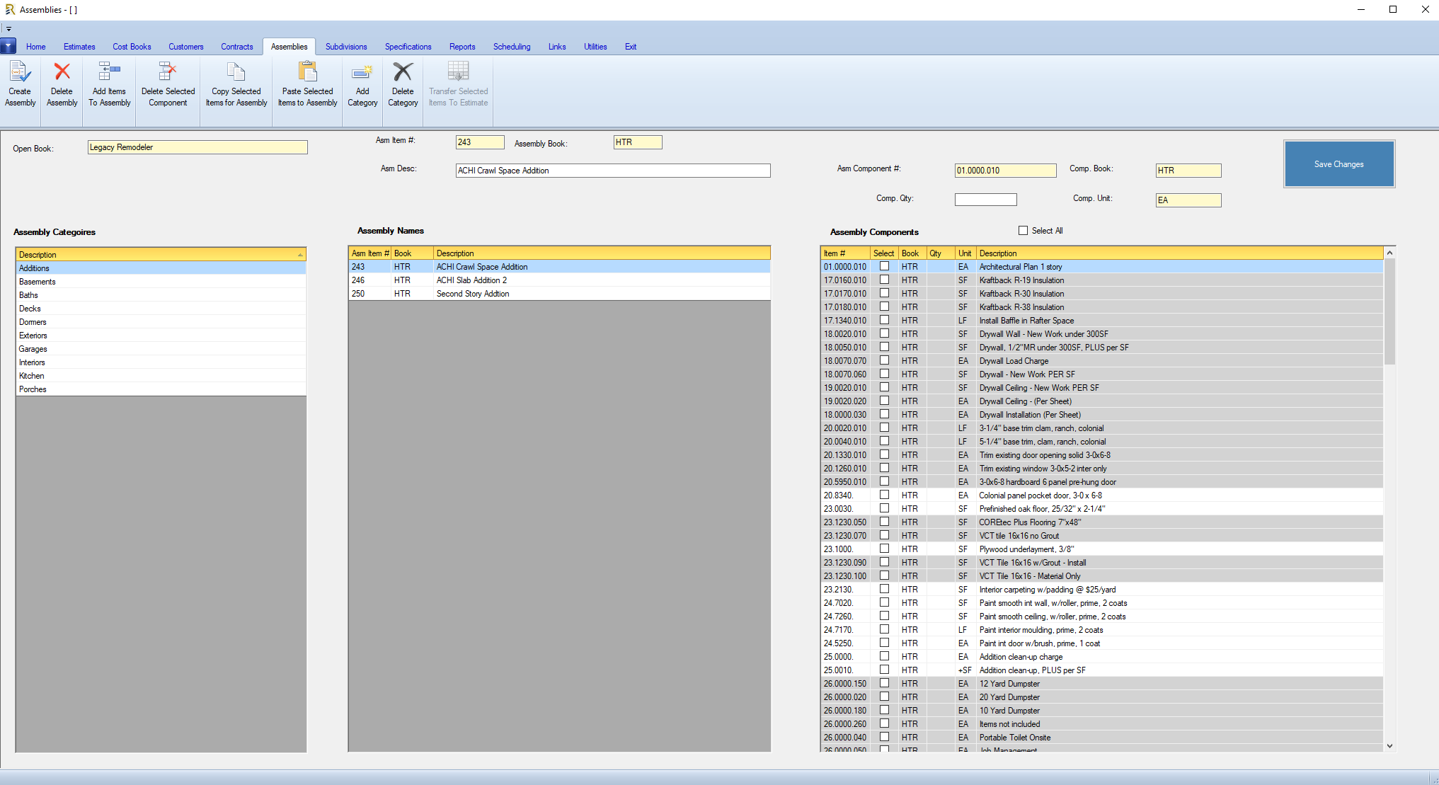 Rapid Estimator assemblies library with components for a crawl space addition.