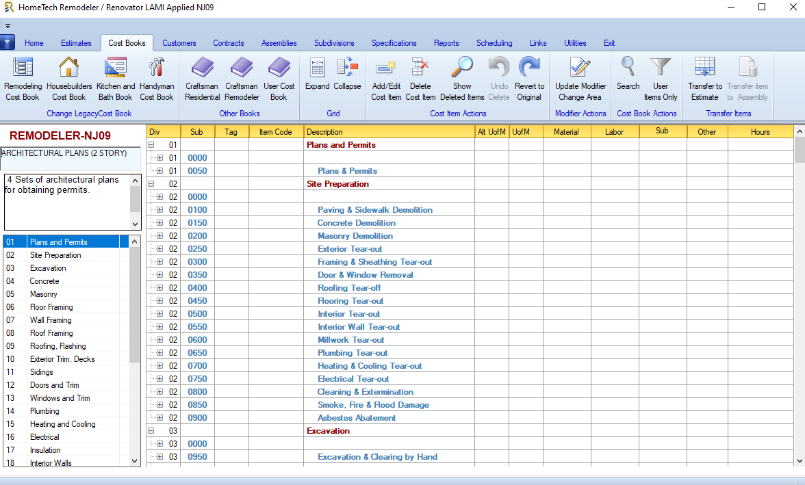 Rapid Estimator remodeler cost book organized by construction divisions.