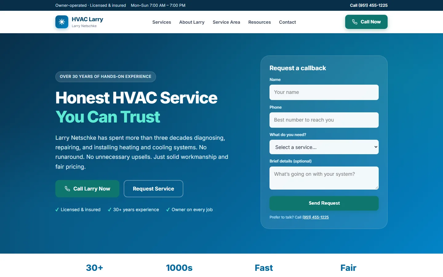 HVAC Larry homepage with service navigation, call buttons, and a request-a-callback form.
